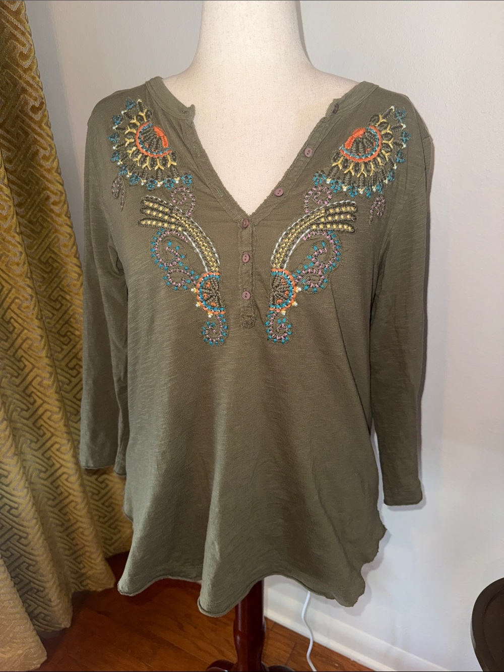 Anthropologie Olive Long-Sleeve V-Neck Top with Multicolor Embroidery